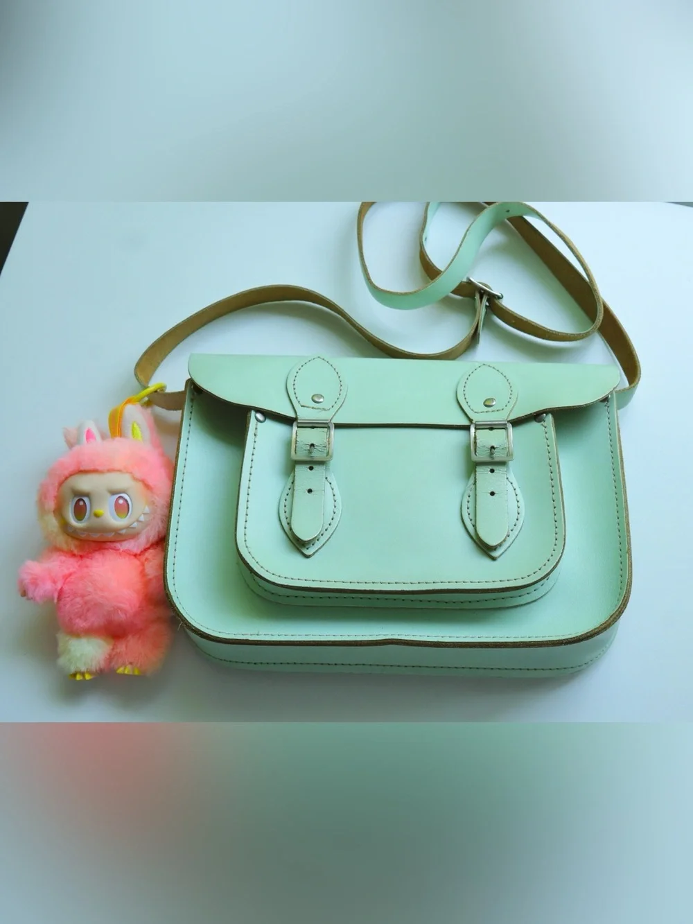 Mint Green Leather Satchel Crossbody Bag with Labubu